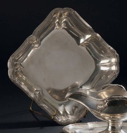 Square silver bowl, scrolled rim with contours...