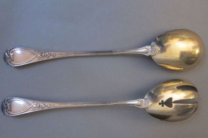 Silver salad cutlery, vermeille spoons, handles...