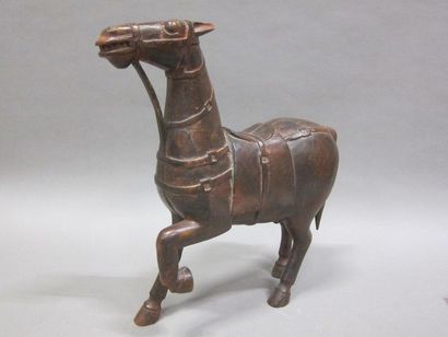 -Cheval, terre cuite vernissée bleue (h43...