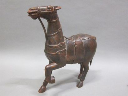 -Cheval, terre cuite vernissée bleue (h43...