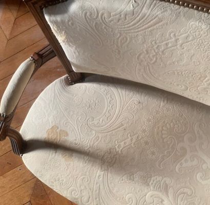 Molded stained wood sofa, the back in gendarme...