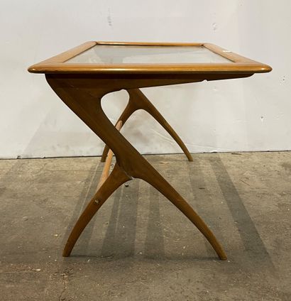 Teak coffee table with glass top and compass...