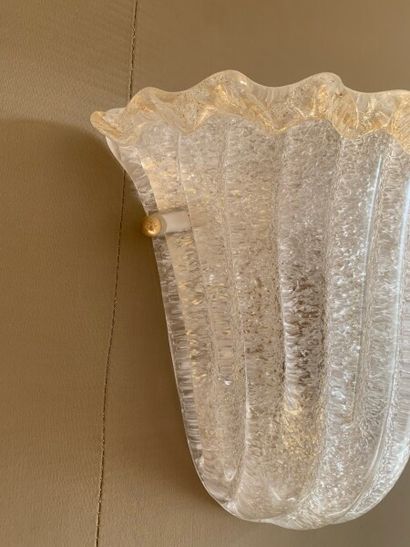 Two moulded frosted glass sconces with gold...