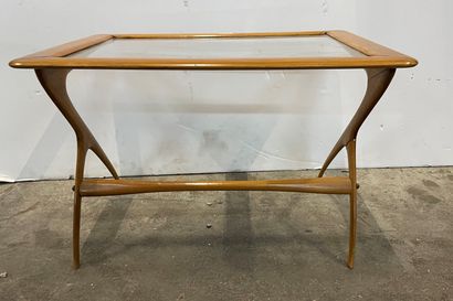 Teak coffee table with glass top and compass...