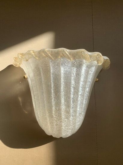 Two moulded frosted glass sconces with gold...
