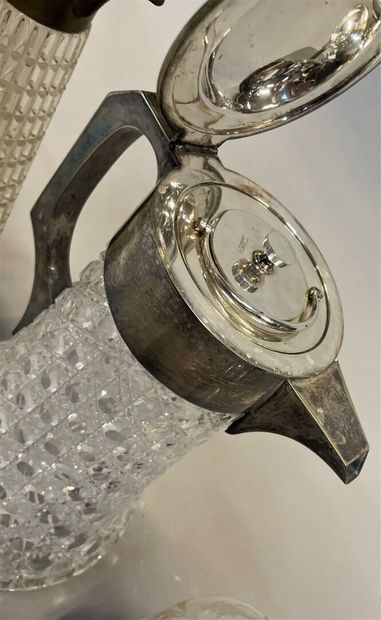 Engraved crystal ewer with silver plated...