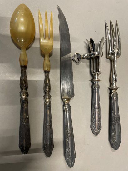 Cutting board and salad servers with chased...
