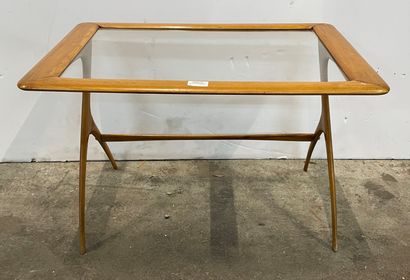 Teak coffee table with glass top and compass...