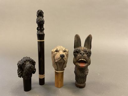 Collection of four cane knobs with dog heads....