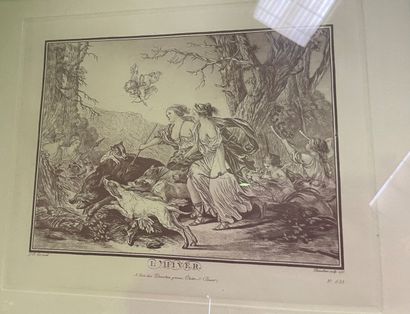 Lot de bibelots, gravures, miroir en bronze,...