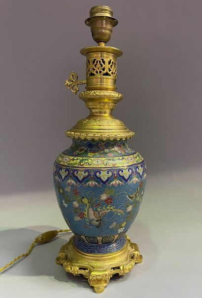 Lamp in cloisonné enamels with flowers and...