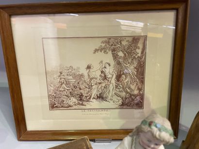 Lot de bibelots, gravures, miroir en bronze,...