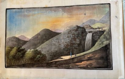 Album covered with fabric containing 5 gouaches...