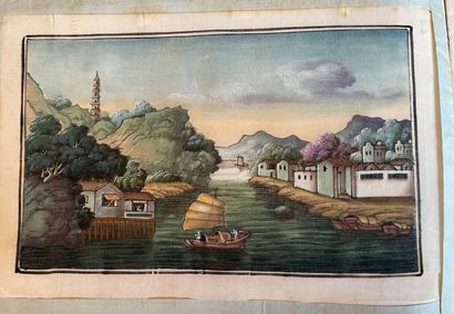 Album covered with fabric containing 5 gouaches...