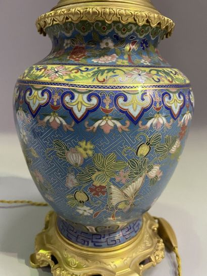 Lamp in cloisonné enamels with flowers and...