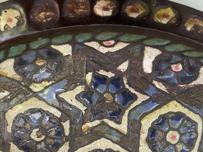 Brass tray with enamelled decoration of rosettes....