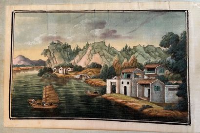 Album covered with fabric containing 5 gouaches...