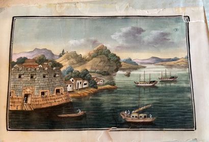 Album covered with fabric containing 5 gouaches...