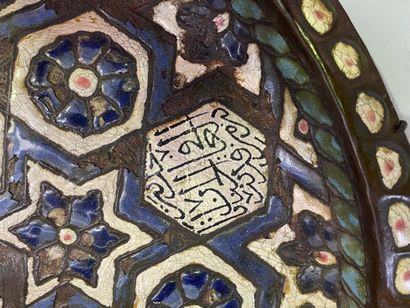 Brass tray with enamelled decoration of rosettes....