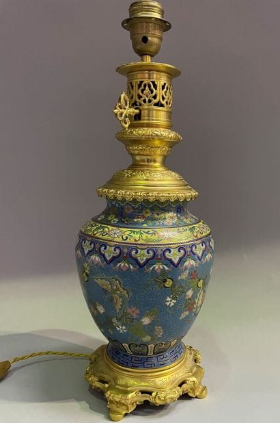 Lamp in cloisonné enamels with flowers and...