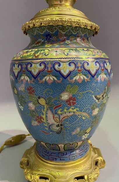 Lamp in cloisonné enamels with flowers and...