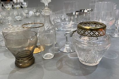 Lot of cut crystal glasses, carafes, yellow...