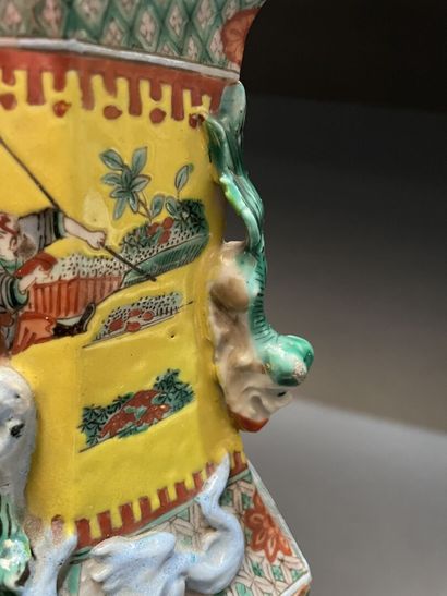 Hexagonal porcelain vase enamelled polychrome...