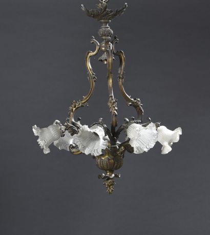 A gilt bronze cage chandelier with foliage...