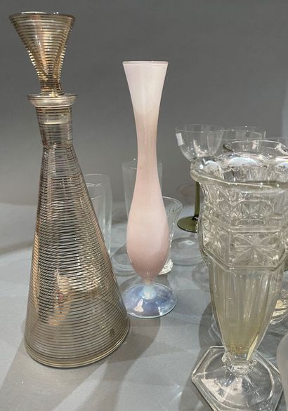 Lot of cut crystal glasses, carafes, yellow...