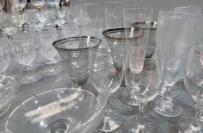 Lot of cut crystal glasses, carafes, yellow...