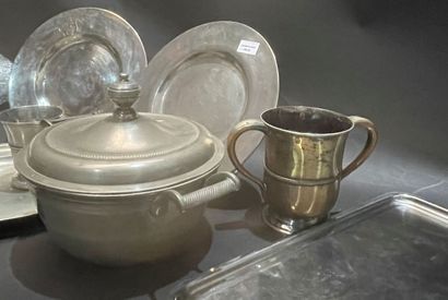 Set of pewter: dishes, kettle, tureen.