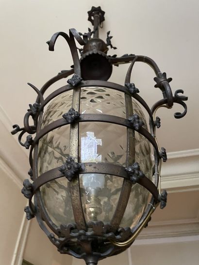 Wrought iron basket chandelier with crosses...