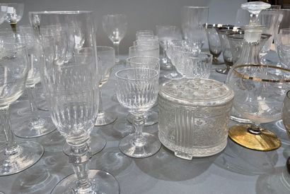 Lot of cut crystal glasses, carafes, yellow...