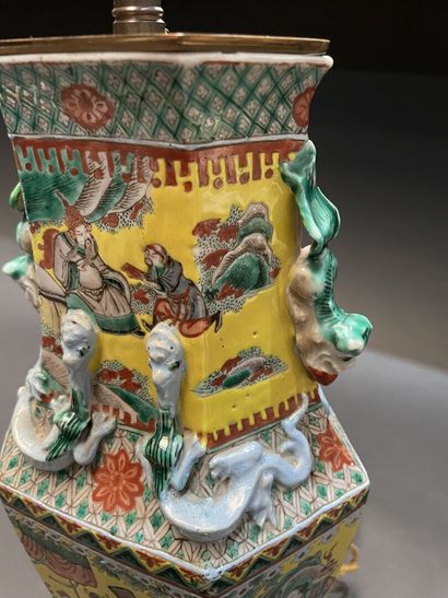 Hexagonal porcelain vase enamelled polychrome...