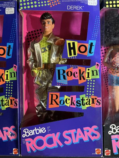 Five Mattel Barbie dolls: two rock stars...