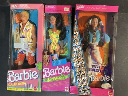 Set of three Barbie Mattel dolls: Ken California...
