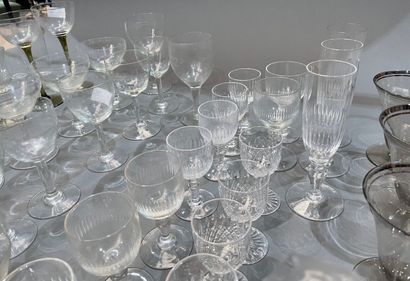 Lot of cut crystal glasses, carafes, yellow...