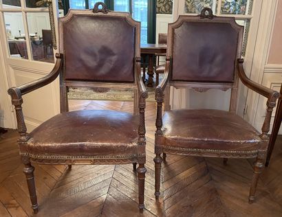 Pair of armchairs in molded wood and carved...