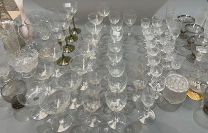 Lot of cut crystal glasses, carafes, yellow...