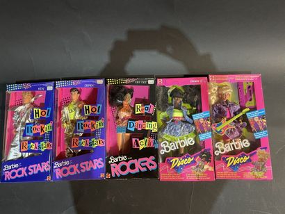 Five Mattel Barbie dolls: two rock stars...