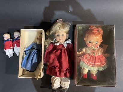 Lot of five dolls: one porcelain doll, original...