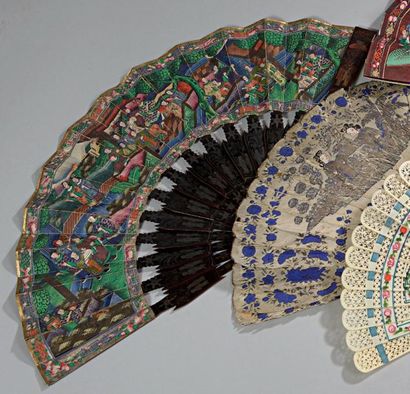 Éventail, décor d'une scène de pavillon,...