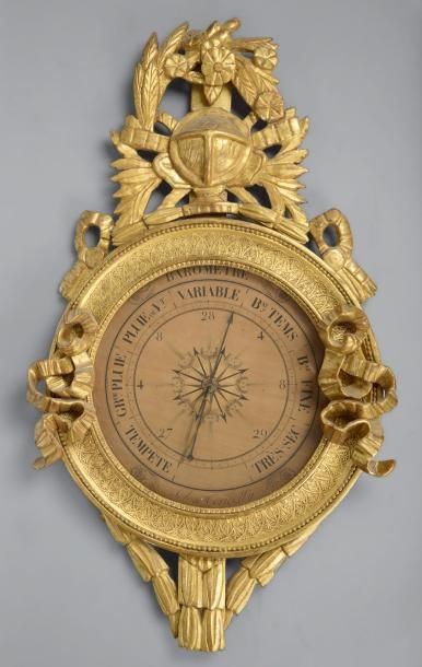 Baromètre rond en bois doré, fronton à globe...