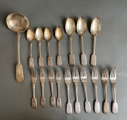 Ladle and set of silver flatware, engraved...