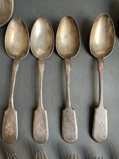 Ladle and set of silver flatware, engraved...