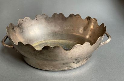 Two-handled silver-plated planter with scalloped...