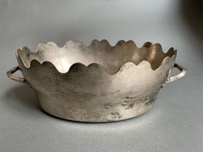 Two-handled silver-plated planter with scalloped...