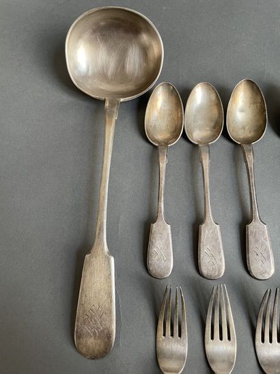 Ladle and set of silver flatware, engraved...