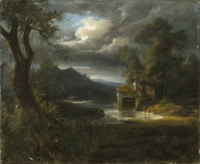 FRENCH SCHOOL circa 1830
House by the river
Oil...