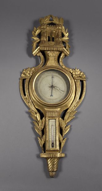 Baromètre-thermomètre en bois sculpté et...